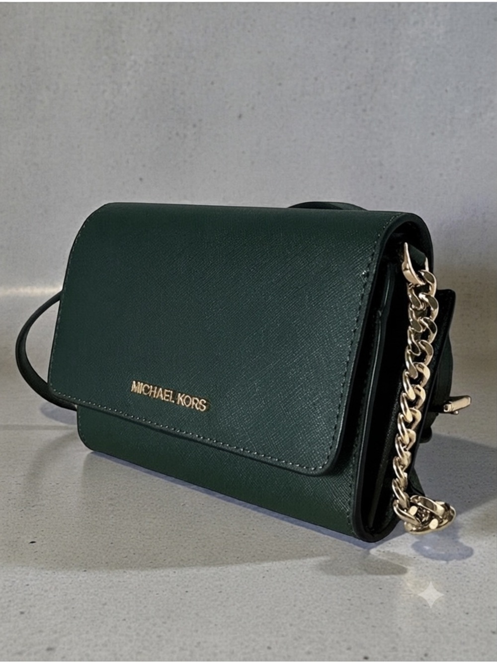 MICHAEL KORS JET SET TRAVEL LG PHONE CROSSBODY SAFFIANO LEATHER BAG CLUTCH GREEN